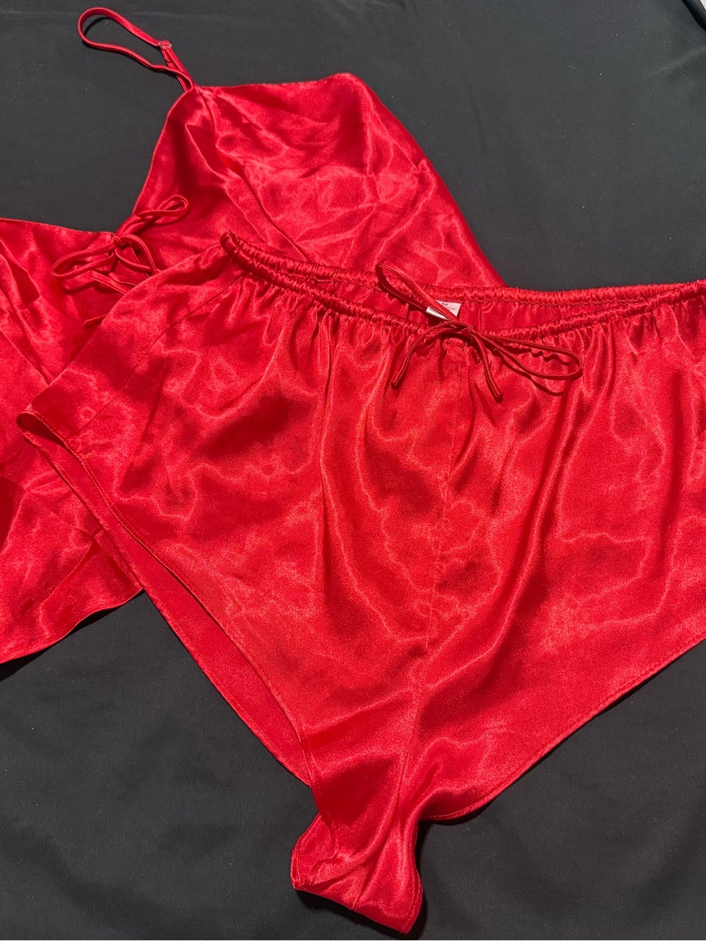 Frederick's of Hollywood Red Satin Cami & Shorts Sleep Set